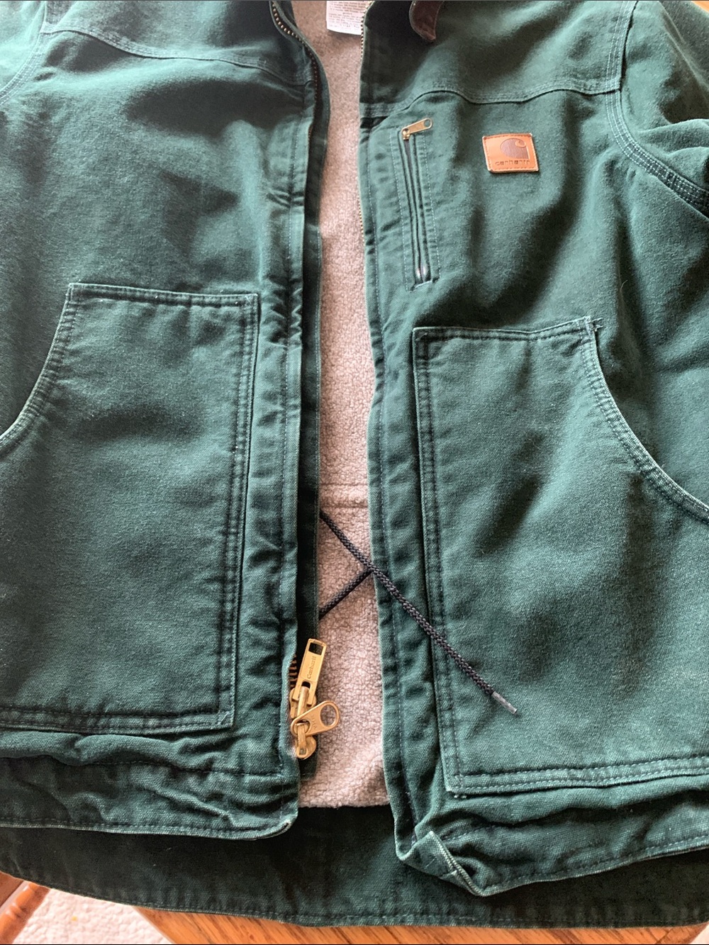 Carhartt Green Jacket with Brown Collar and Leather Logo Patch - Picture 3 of 10